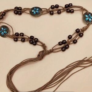 Artisan Beaded Belt with Blue and Brown Accents